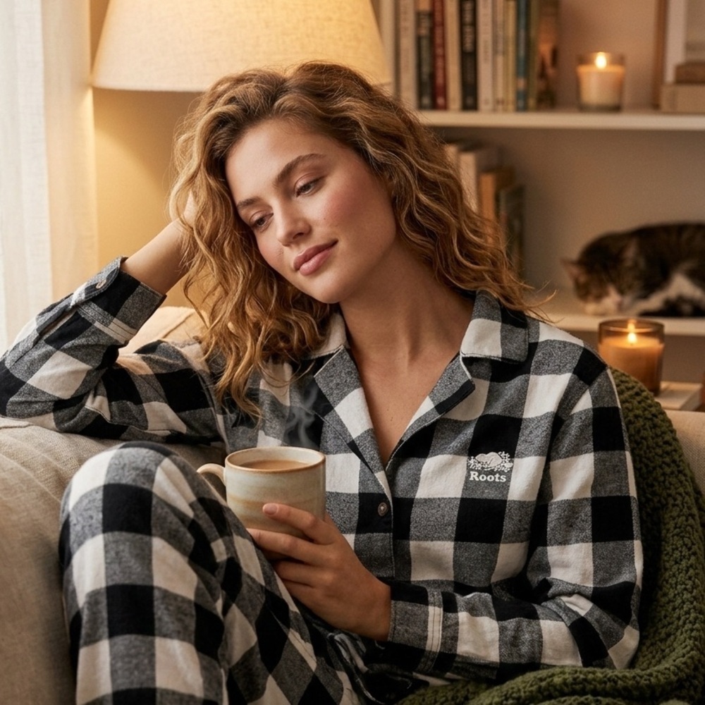 Roots Women's 100% Cotton Black and White Checkered Pajama Top | S | As Is